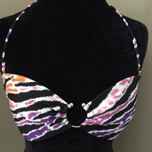 Zebra Print Colorful Bikini Top with Removable Straps and Gold Ring Deta…